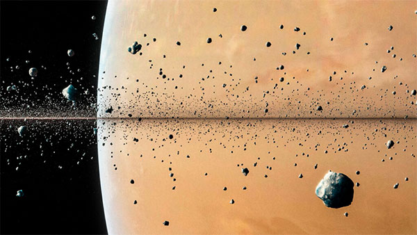 Representación artística de cómo se verían los anillos de Saturno si se vieran desde adentro. Se estima que están compuestos casi en su totalidad por bloques de hielo de agua pura, de un tamaño medio de unos pocos metros. (Créditos: Judy Schmidt)