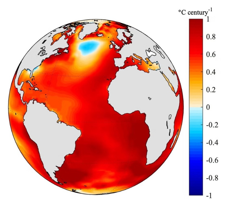 Tendencia de la temperatura superficial del Atlántico entre los años de 1900 y 2005. Kai-Yuan Li/UCR