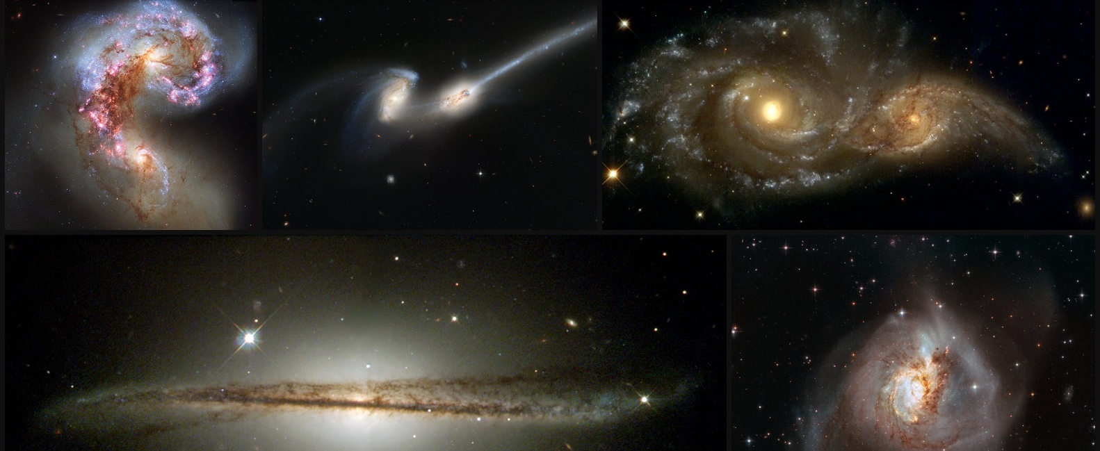  Haciendo clic en esta imagen se puede ver una colección de 59 imágenes de galaxias en proceso de agregación, tomadas por el Telescopio Espacial Hubble y difundidas con motivo de su 18º aniversario, el 24 de abril de 2008.