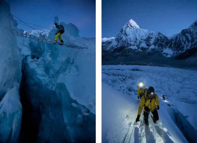 Izquierda: Un miembro de la expedición cruza un puente de escaleras de aluminio atadas entre sí sobre una grieta en la cascada de hielo Khumbu. FOTOGRAFÍA DE ANDY BARDON, NAT GEO IMAGE COLLECTION