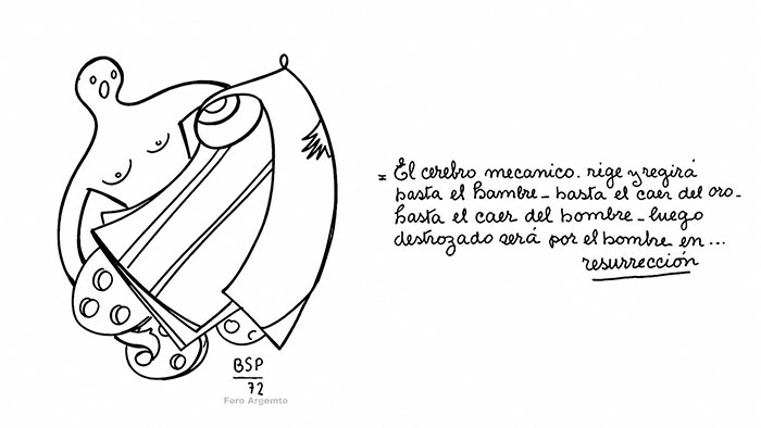 16 - El cerebro mecánico, rige y regirá hasta el hambre, hasta el caer del oro, hasta el caer del hombre; luego destrozado será por el hombre en… resurrección.